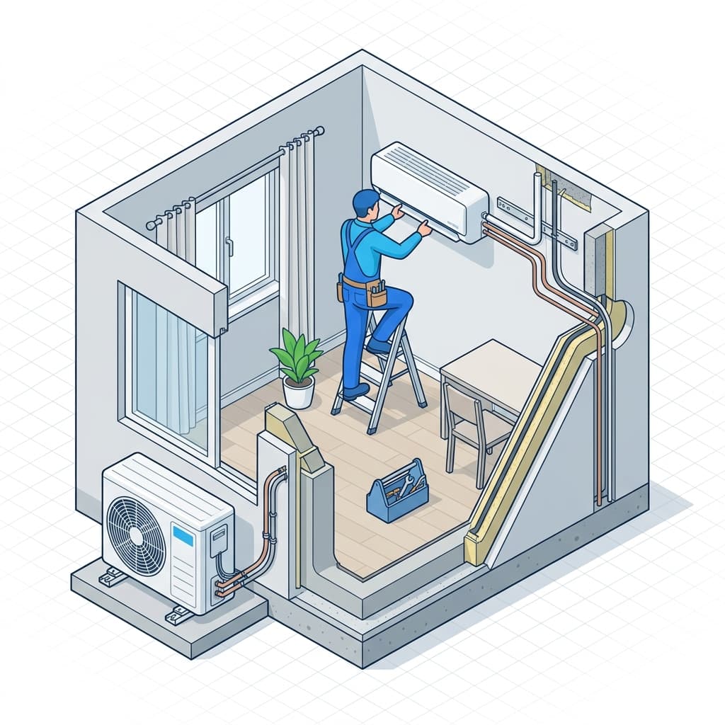 AC installation cutaway view — isometric illustration