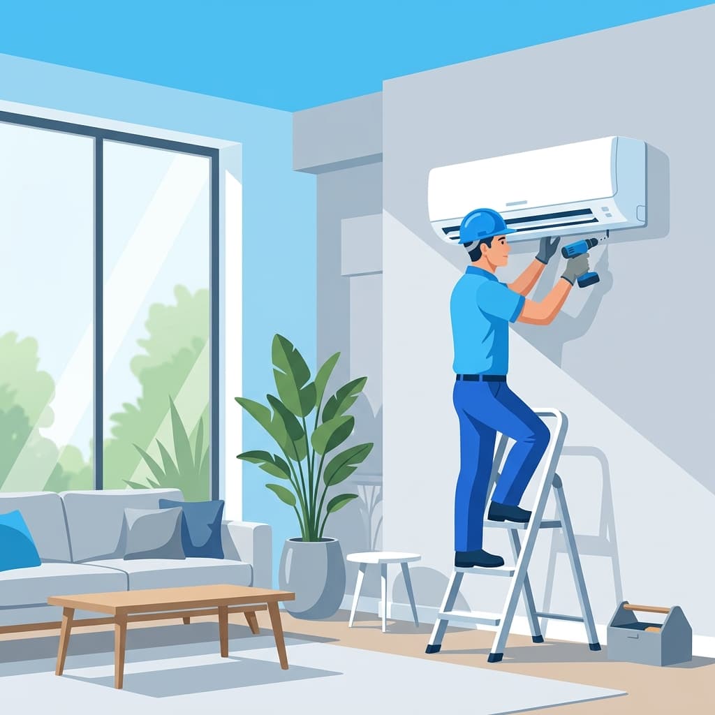 Professional AC installer in a modern living room — flat illustration